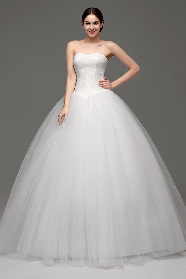 Long Lace-Up Sweetheart A-line White Wedding Dress with Appliques