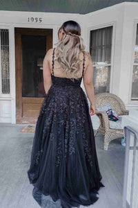 Elegant A-line Long Baby Blue Straps V-Neck Lace Prom Dress