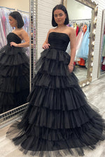 A-line Strapless Pleated Multi-Layers Tulle Long Prom Dress