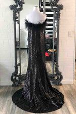 Black Strapless Feathers Long Prom Dress with Slit
