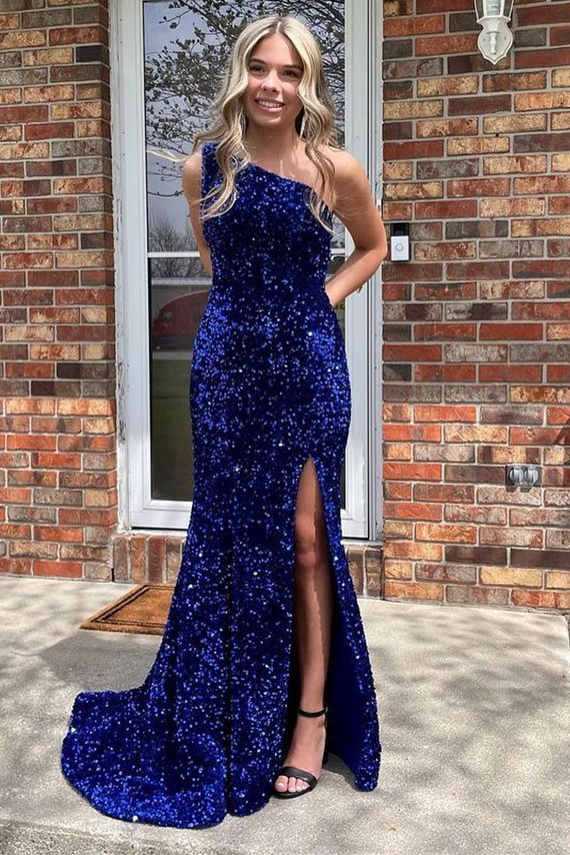 One Shoulder White Sequined Long Prom Dress with Slit FancyVestido One Shoulder White Sequined Long Prom Dress with Slit FancyVestido
