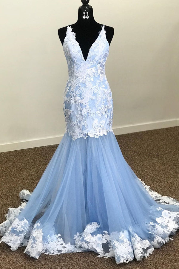 Mermaid V-Neck Sleeveless Lace Appliques Prom Party Dress