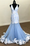 Mermaid V-Neck Lace Appliques Sky Blue Prom Dress