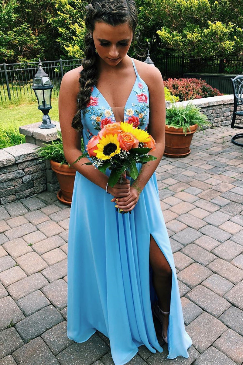 V Neck Floral Black Long Prom Dress with Side Slit