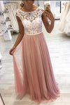 Gorgeous Blush Pink Long Prom Dress with White Lace Top