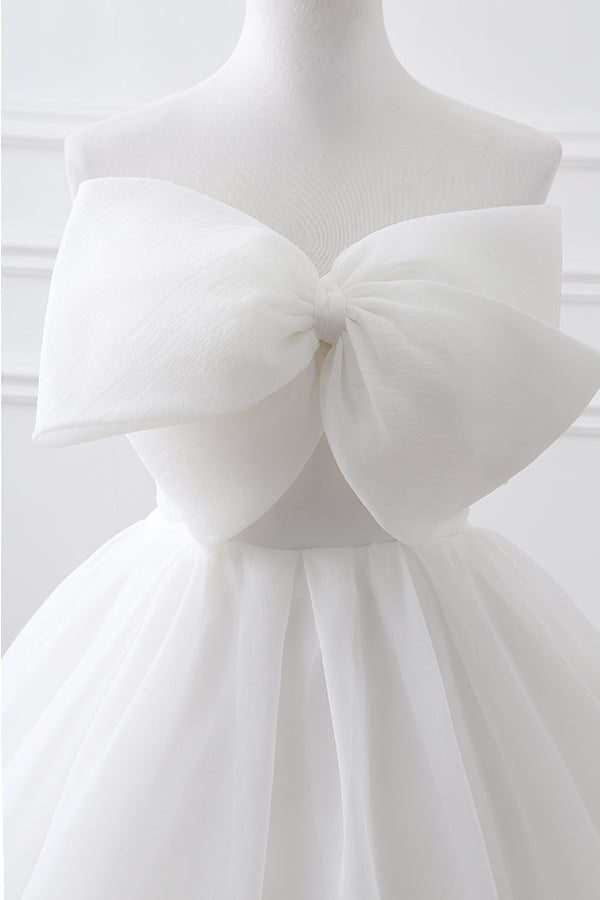 Long Lace-Up A-line Strapless White Wedding Dress with Bowkot