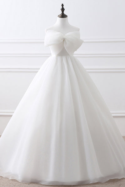 Long Lace-Up A-line Strapless White Wedding Dress with Bowkot