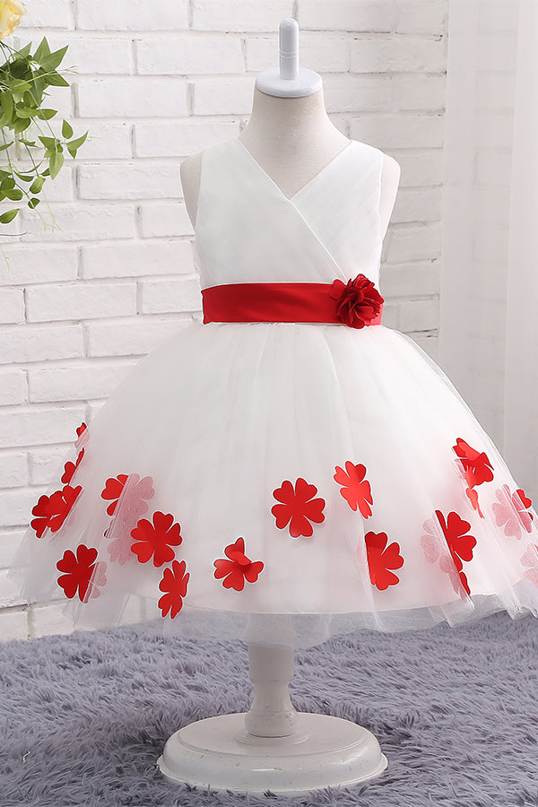 Tulle Appliqued White Flower girl Dress with Red Bow – FancyVestido Tulle Appliqued White Flower girl Dress with Red Bow – FancyVestido