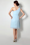 Simple One Shoulder Chiffon Short Sky Blue Bridesmaid Dress