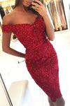 Off the Shoulder Bodycon Lace Red Homecoming Dress