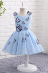 Light Blue Short Flower Girl Dress with Butterfly Applique
