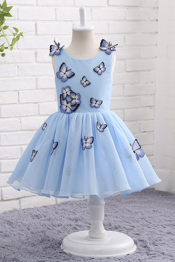 Light Blue Short Flower Girl Dress with Butterfly Applique FancyVestido Light Blue Short Flower Girl Dress with Butterfly Applique FancyVestido