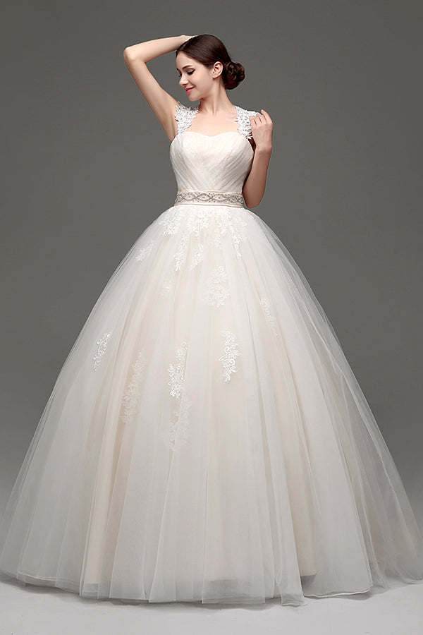 Long Lace-Up Back A-line Ivory Wedding Dress with Appliques FancyVestido Long Lace-Up Back A-line Ivory Wedding Dress with Appliques FancyVestido