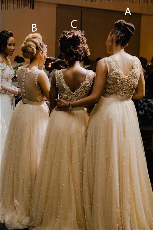 Champagne Appliques Long Bridesmaid Dress with Slit