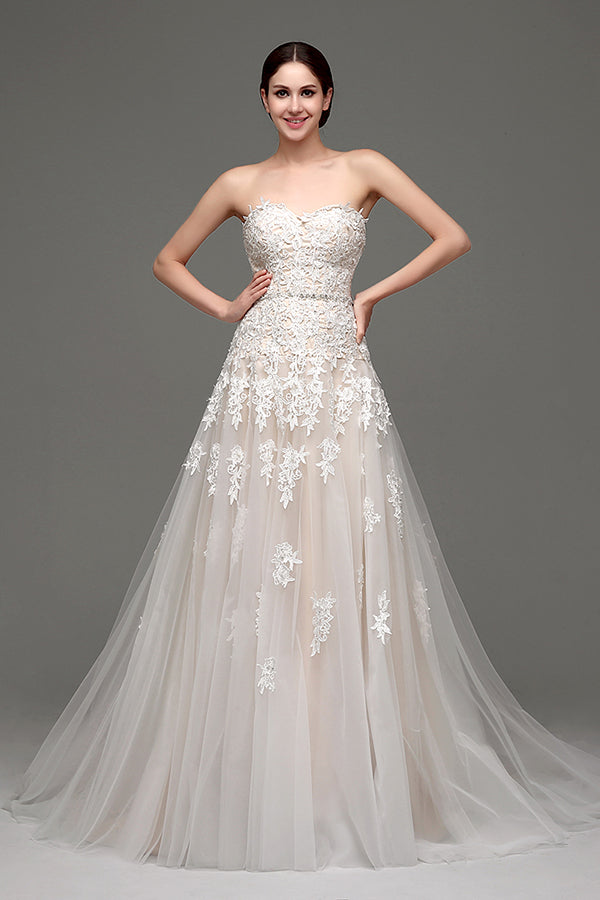 Long Lace-Up A-line Sweetheart Ivory Wedding Dress with Appliques –  FancyVestido