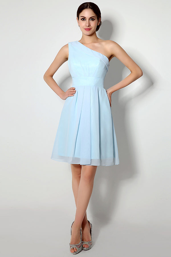 Simple One Shoulder Chiffon Short Sky Blue Bridesmaid Dress