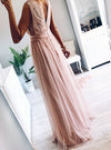Elegant A-Line V Neck Blush Long Prom Dress