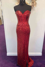 Sweetheart Red Sequins Long Prom Dress with Sweep Train