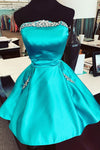 Strapless Crystals Short Satin Homecoming Dress with Pockets