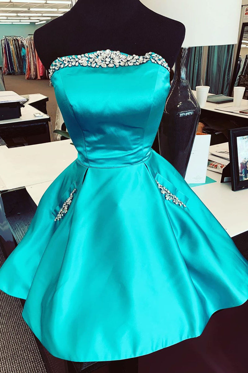 Strapless Crystals Short Satin Homecoming Dress with Pockets