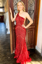 Mermaid One Shoulder Red Long Prom Dress