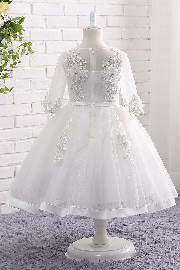 White Half Sleeves Appliques Flower Girl Dress