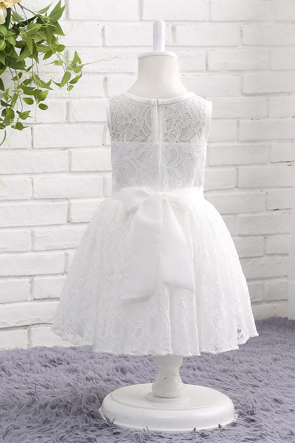 Lace White Flower Girl Dress with Bow