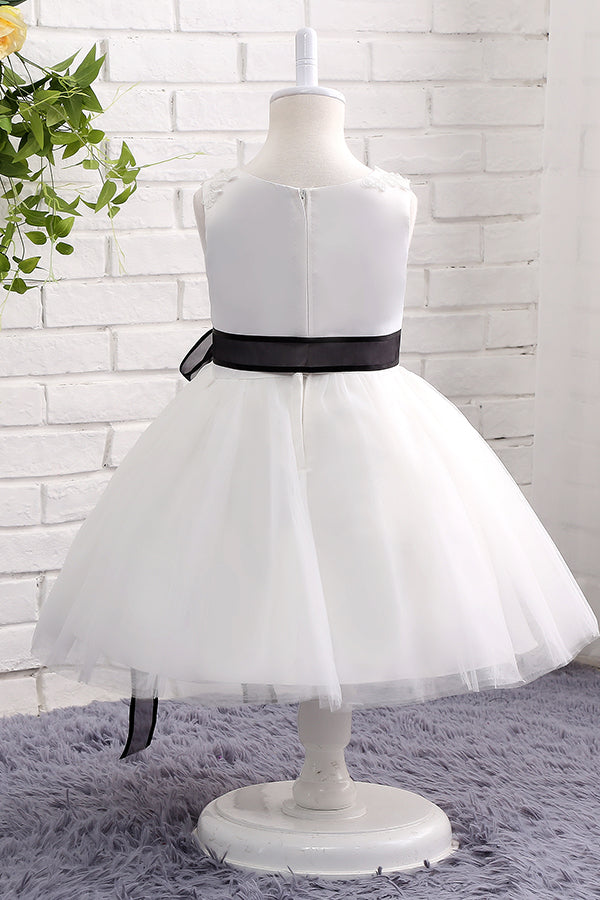 Cute White Flower Girl Dress with Black Bowknot