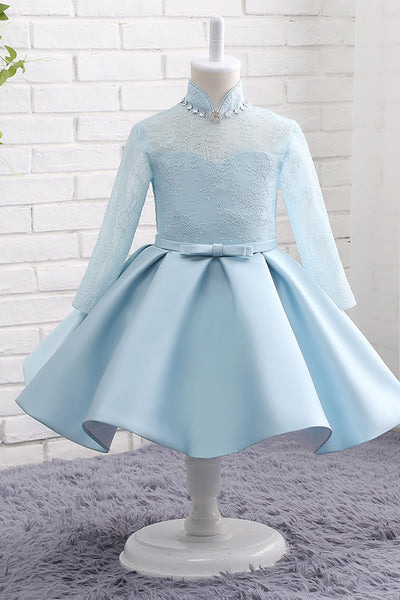Long Sleeves Light Blue Flower Girl Dress