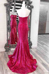 Long Strapless Red Prom Dress with Feather Slit