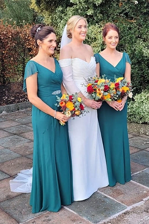 Teal V-Neck Pleated Chiffon Bridesmaid Dress