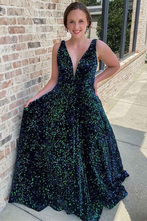 Glitter V-Neck White A-Line Prom Dress with Pockets FancyVestido Glitter V-Neck White A-Line Prom Dress with Pockets FancyVestido