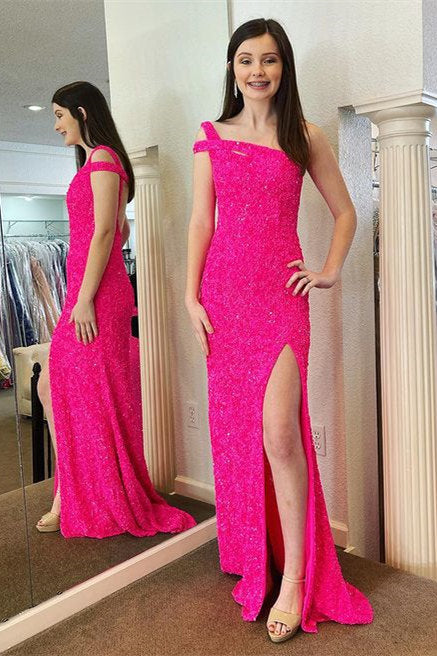 Elegant Hot Pink Sequins Long Prom Dress with One Shoulder