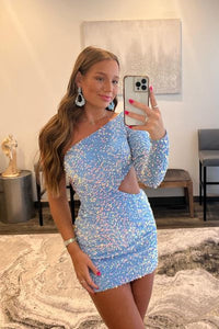 This tight short homecoming dress features hater neckline and sequins
