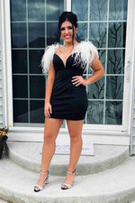 Fitted Feather Shoulder Blue Tight Homecoming Dress