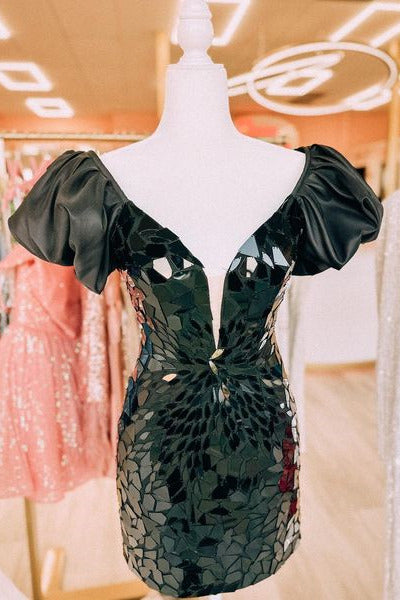 Black Sequined Mini Homecoming Dress with Hot Pink Puff Sleeves
