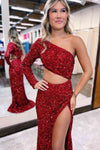 Long Sleeve Cut Out Sequined Long Prom Dress
