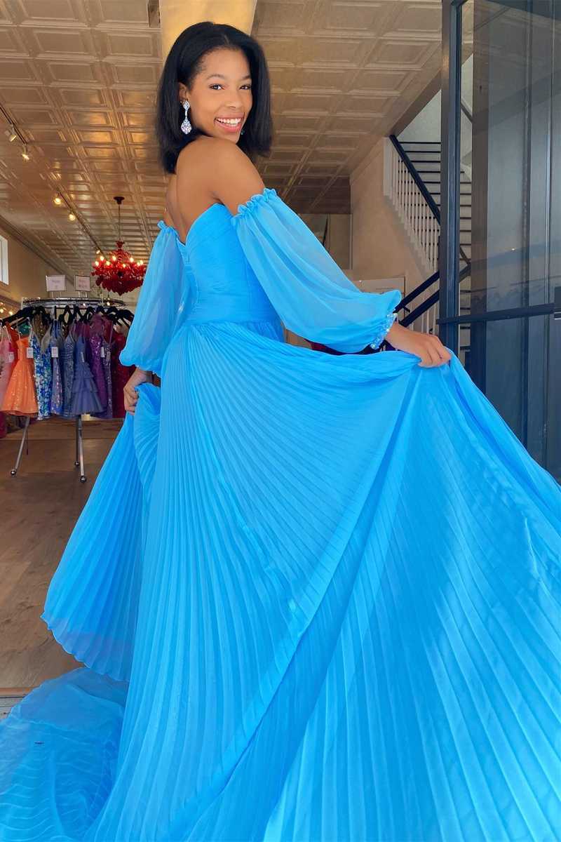Pleated Blue Cut Out Beaded Chiffon Long Prom Dress