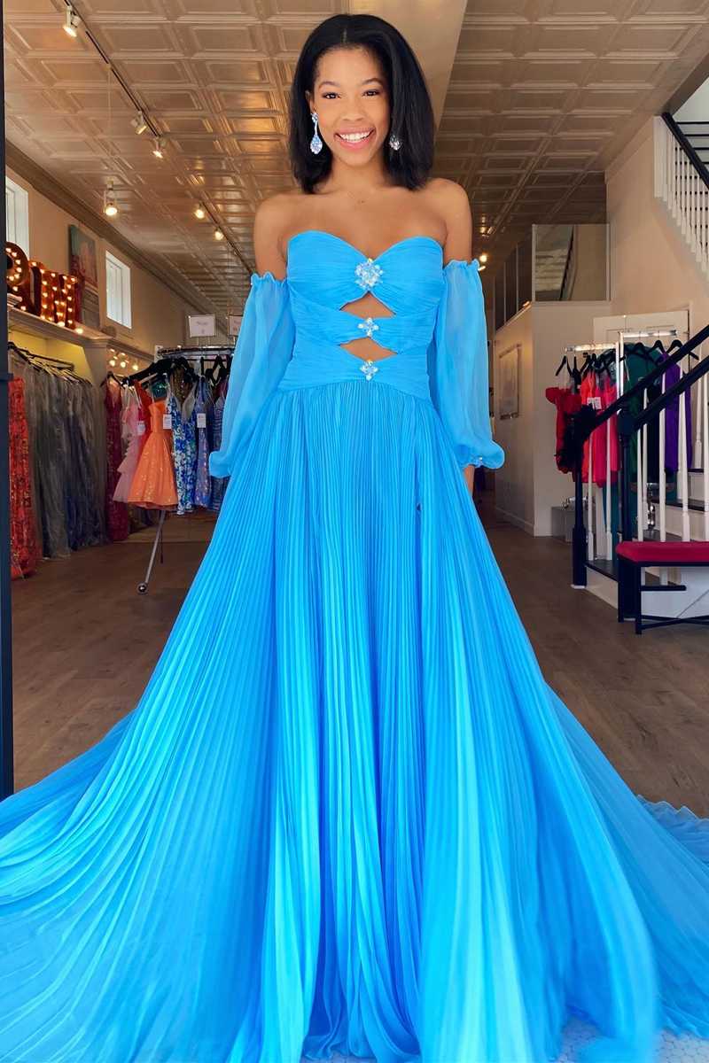 Pleated Blue Cut Out Beaded Chiffon Long Prom Dress FancyVestido Pleated Blue Cut Out Beaded Chiffon Long Prom Dress FancyVestido