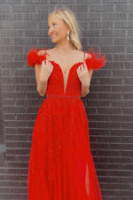 A-Line Appliques Red Feathers Long Party Dress