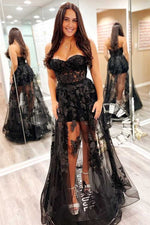 Black Strapless A-Line Long Party Dress with Appliques