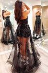 Black Strapless A-Line Long Party Dress with Appliques