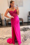 Sweetheart Corset Lace Hot Pink Long Prom Dress with Slit