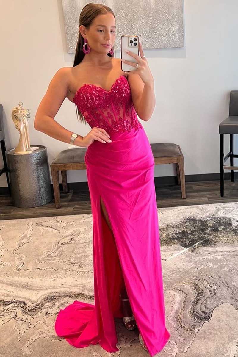 Sweetheart Corset Lace Hot Pink Long Prom Dress with Slit FancyVestido Sweetheart Corset Lace Hot Pink Long Prom Dress with Slit FancyVestido