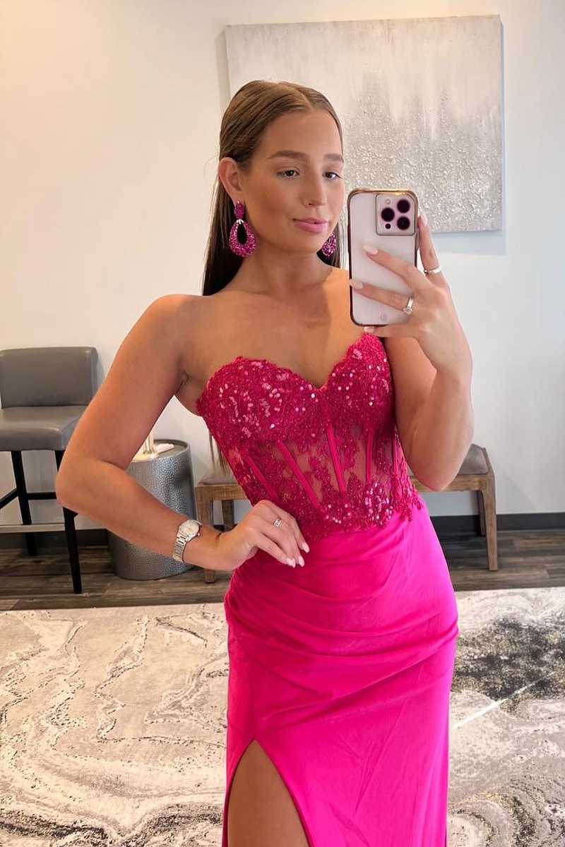 Sweetheart Corset Lace Hot Pink Long Prom Dress with Slit