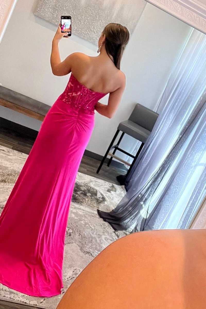 Chic Hot Pink V Neck Long Prom Dress Sexy Slit Party Dress cc2411 main image 1