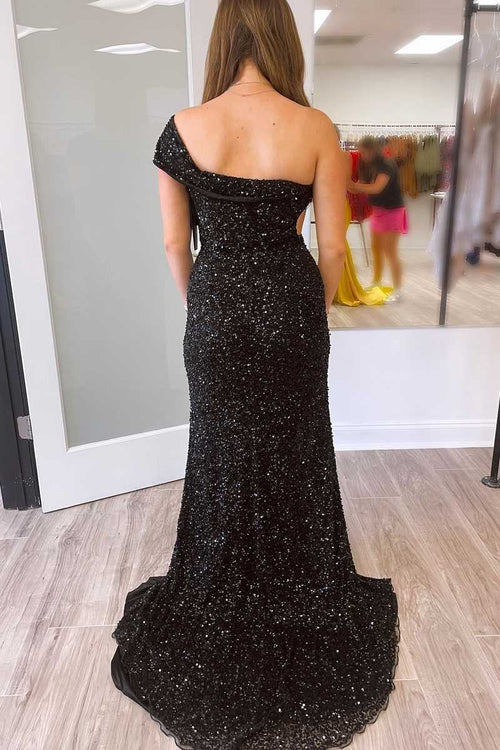 Black One Shoulder Cap Sleeve Sequined Long Party Dress