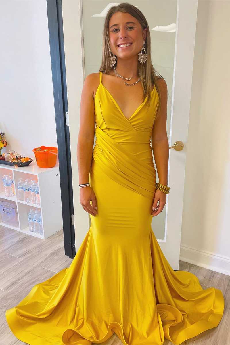 Straps Mermaid Mustard Yellow Pleated Long Prom Dress