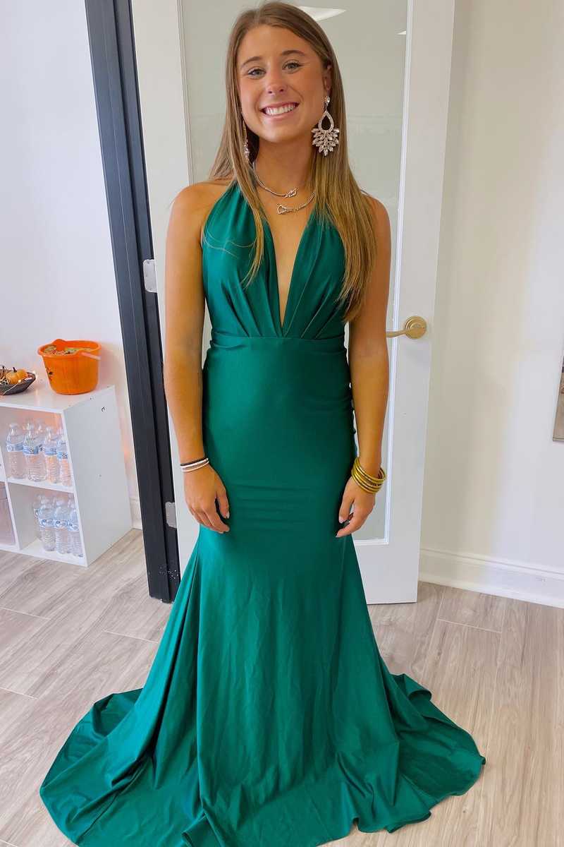 Backless Green Halter Rhched Mermaid Long Prom Dress