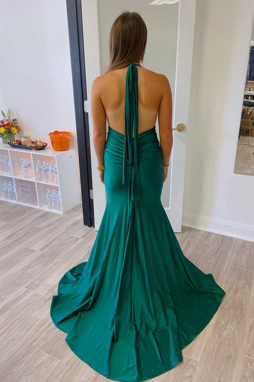 Backless Green Halter Rhched Mermaid Long Prom Dress